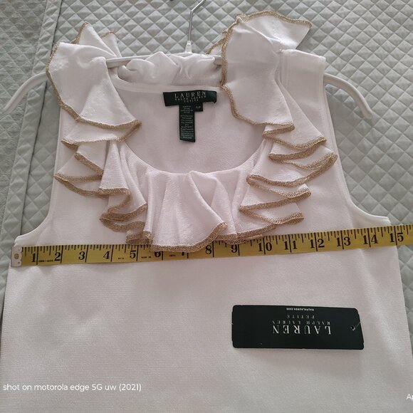 RALPH LAUREN KNIT TANK SLVLS RUFFLED NECK WHITE W/GOLD METALLIC PETITE P/P - Picture 7 of 9